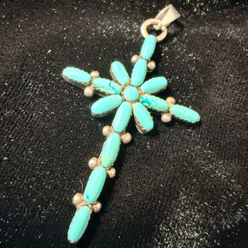 Vintage Sterling Silver Turquoise Cross Pendant Starburst Needlepoint